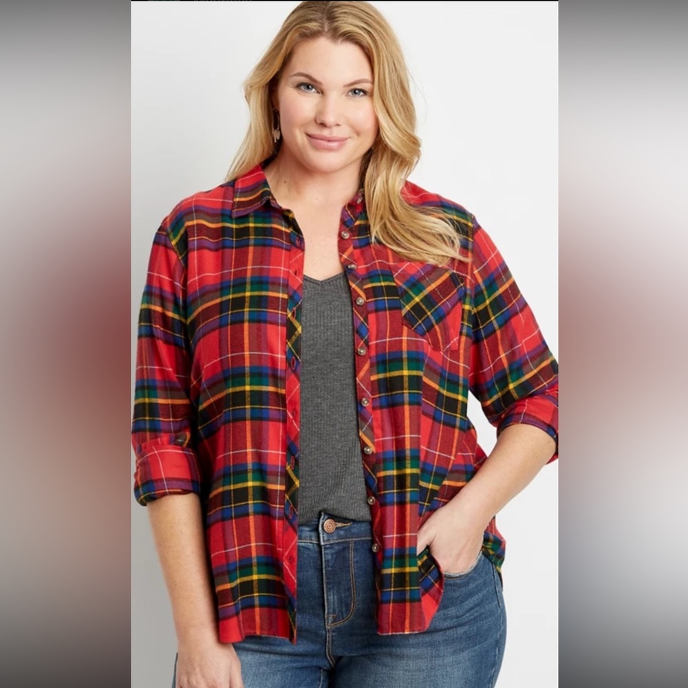 Maurices Red Plaid Flannel Shirt with Multi-Color Tartan